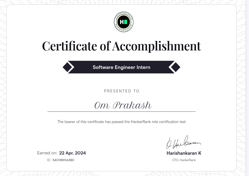 Software Engineer Intern Certificate